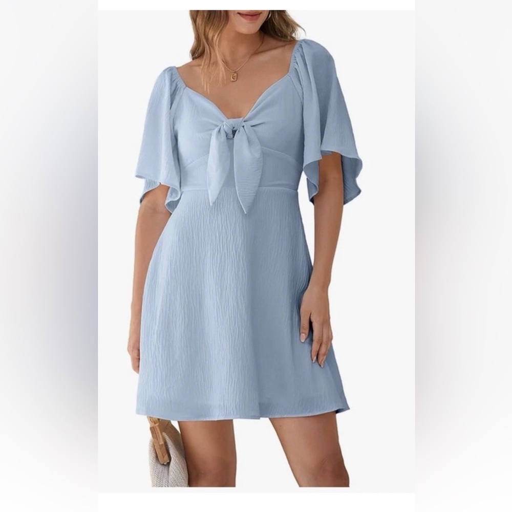 Light Blue Tie-Front Flutter Sleeve Dress